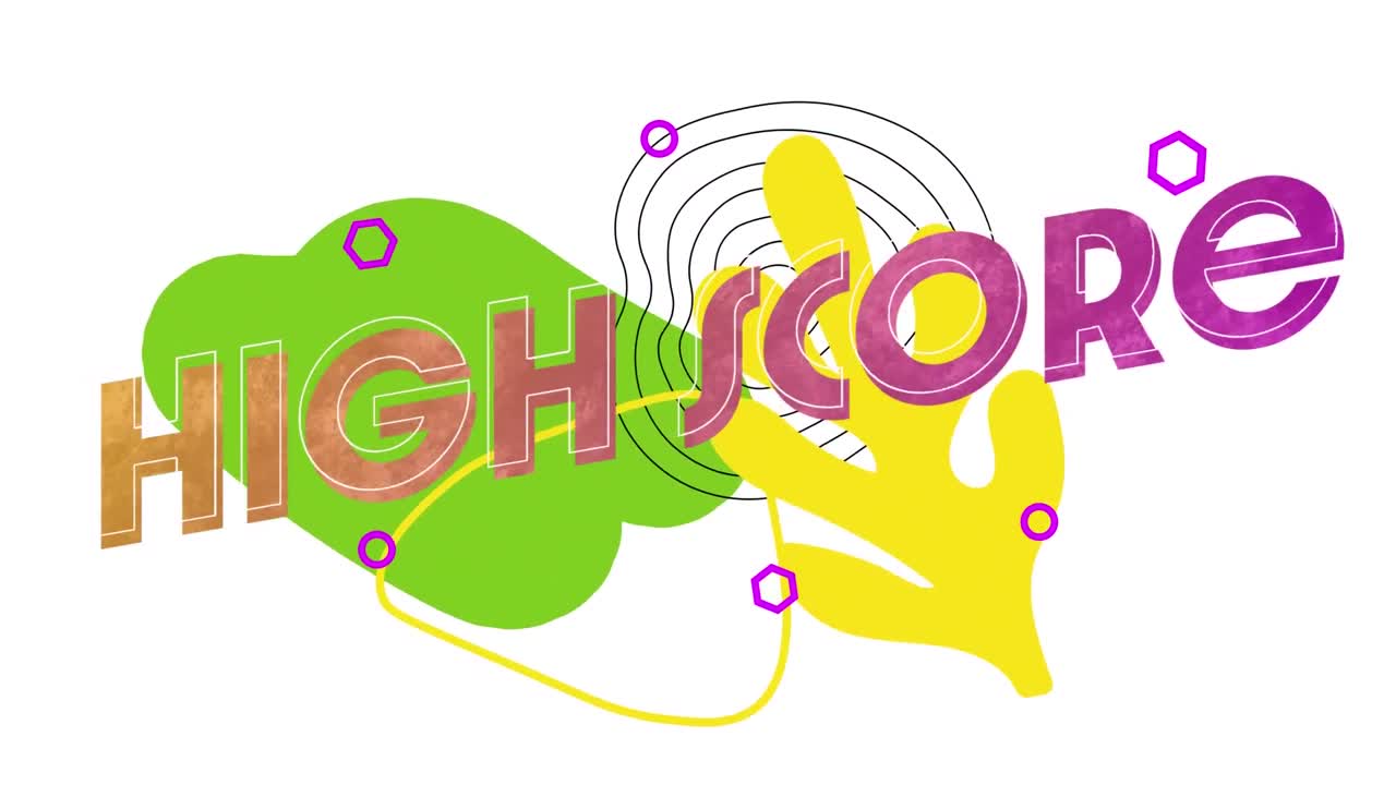 Digital animation of high score text against abstract colorful shapes on white background
