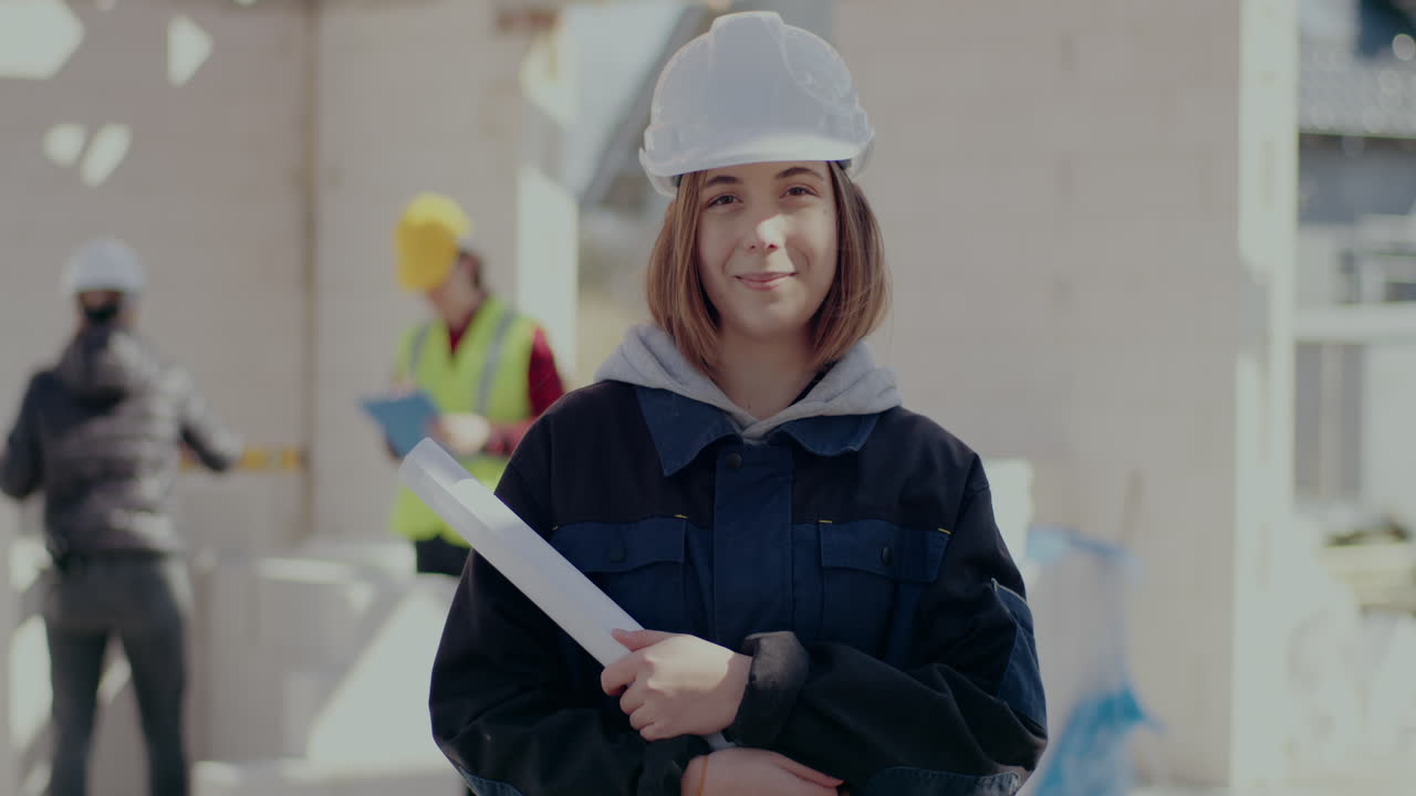 Portrait of smiling young female architect wearing white hardhat holding blueprint while standing at construction site