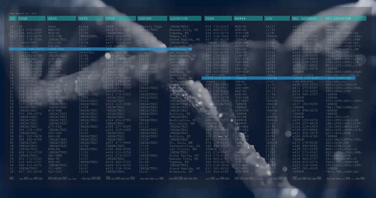 Teal header appearing, causing data table overlay, DNA helix rotating, scanning rows for biotech