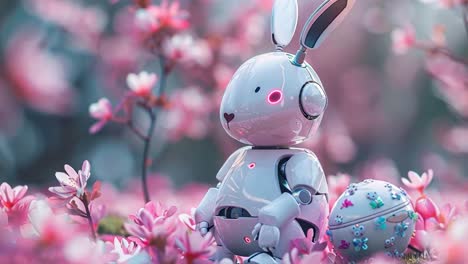 robotic bunny in a field of pink cherry blossoms