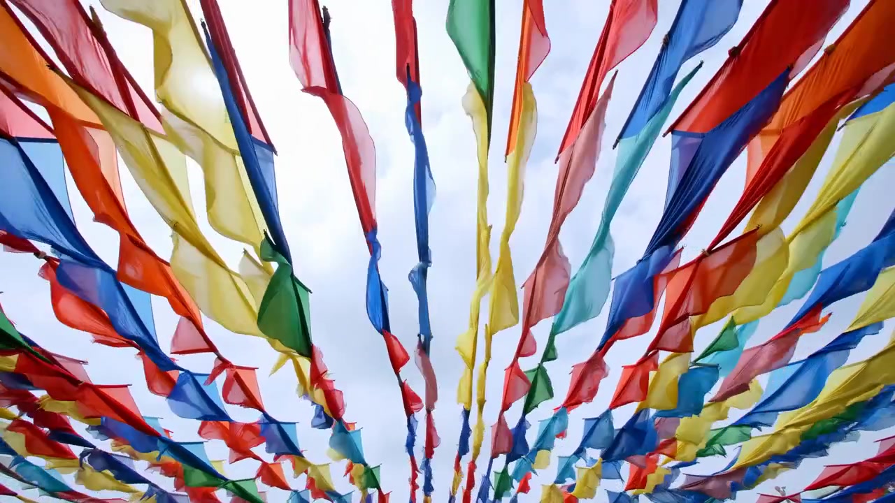 Numerous narrow fabric flags hang in parallel rows overhead and flutter in light breeze, forming repeating patterns, bright color, soft texture, and lively depth from below, with flag, fabric