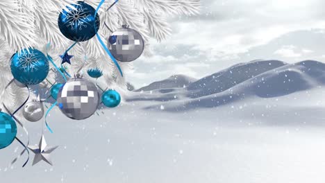 Animation-of-christmas-decorations-and-snow-falling-over-winter-scenery