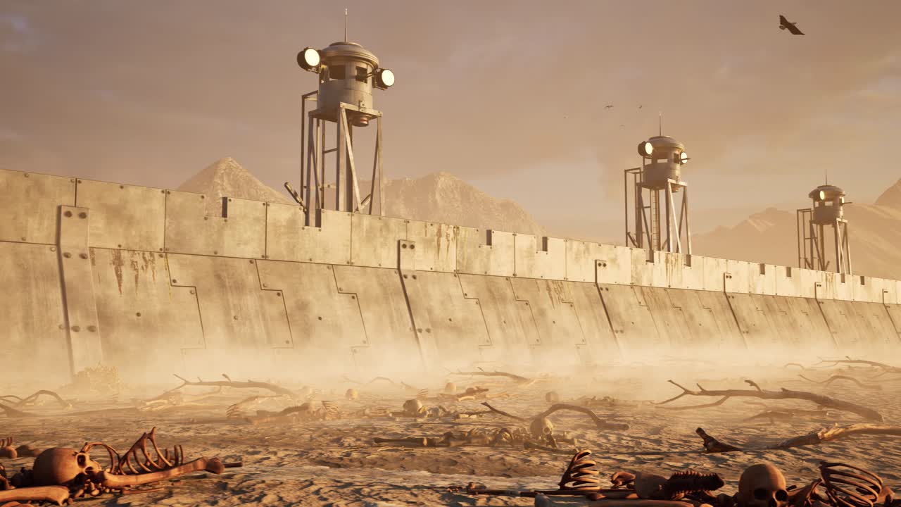 Dystopian post apocalyptic scenery in a desert arid environment with rusted metal walls, bones scattered, flying birds, rocks, sand, and dust particles 3D animation, camera dolly right