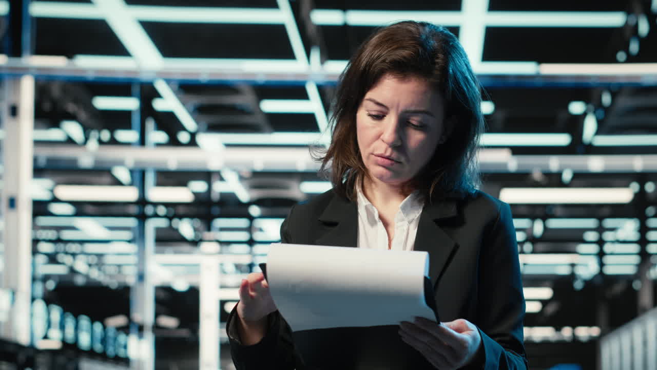 Data Center Admin Reading Paperwork, Inspecting Blue Wireframe Mesh Hardware