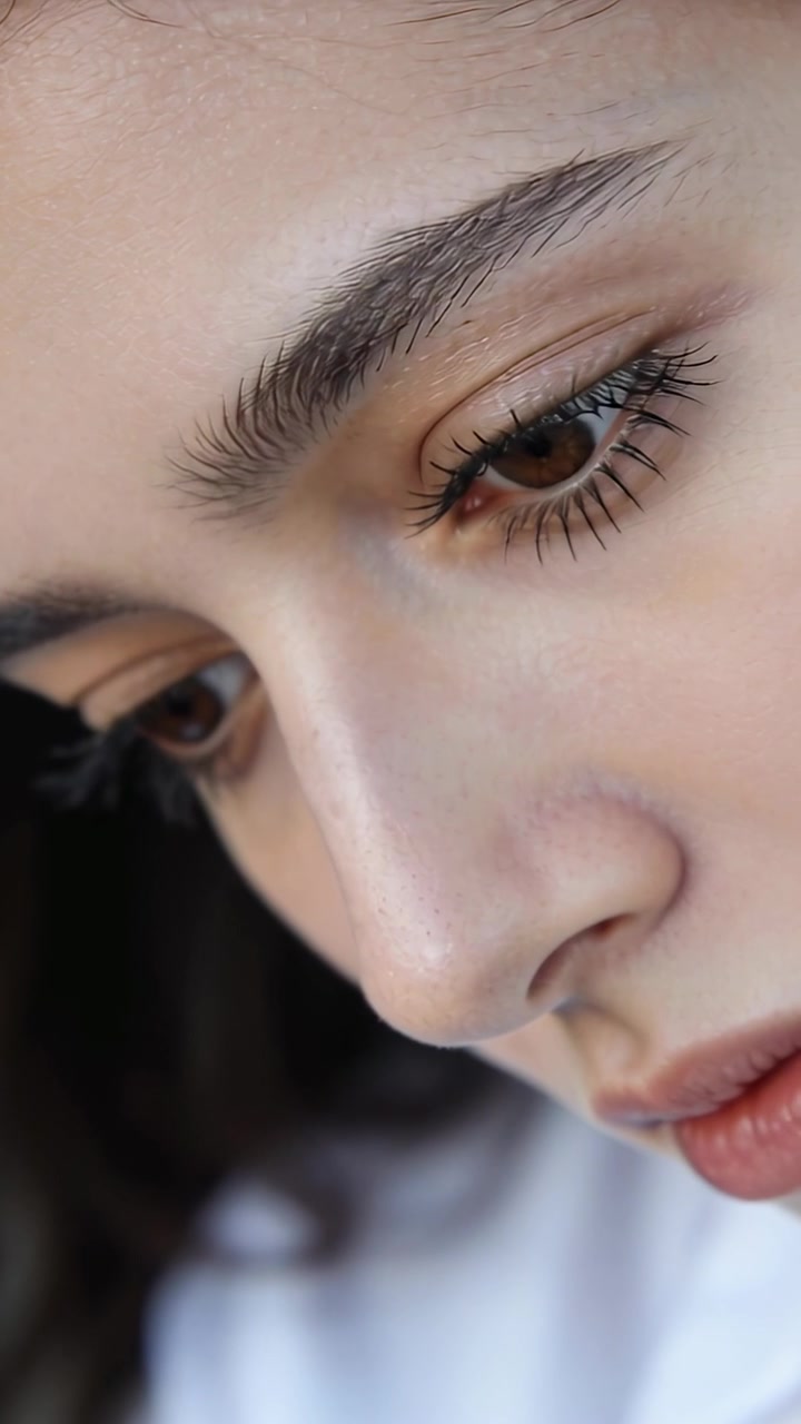 Vertical video: Shot starting closeup in room, woman gazing down, blinking and focusing with lashes