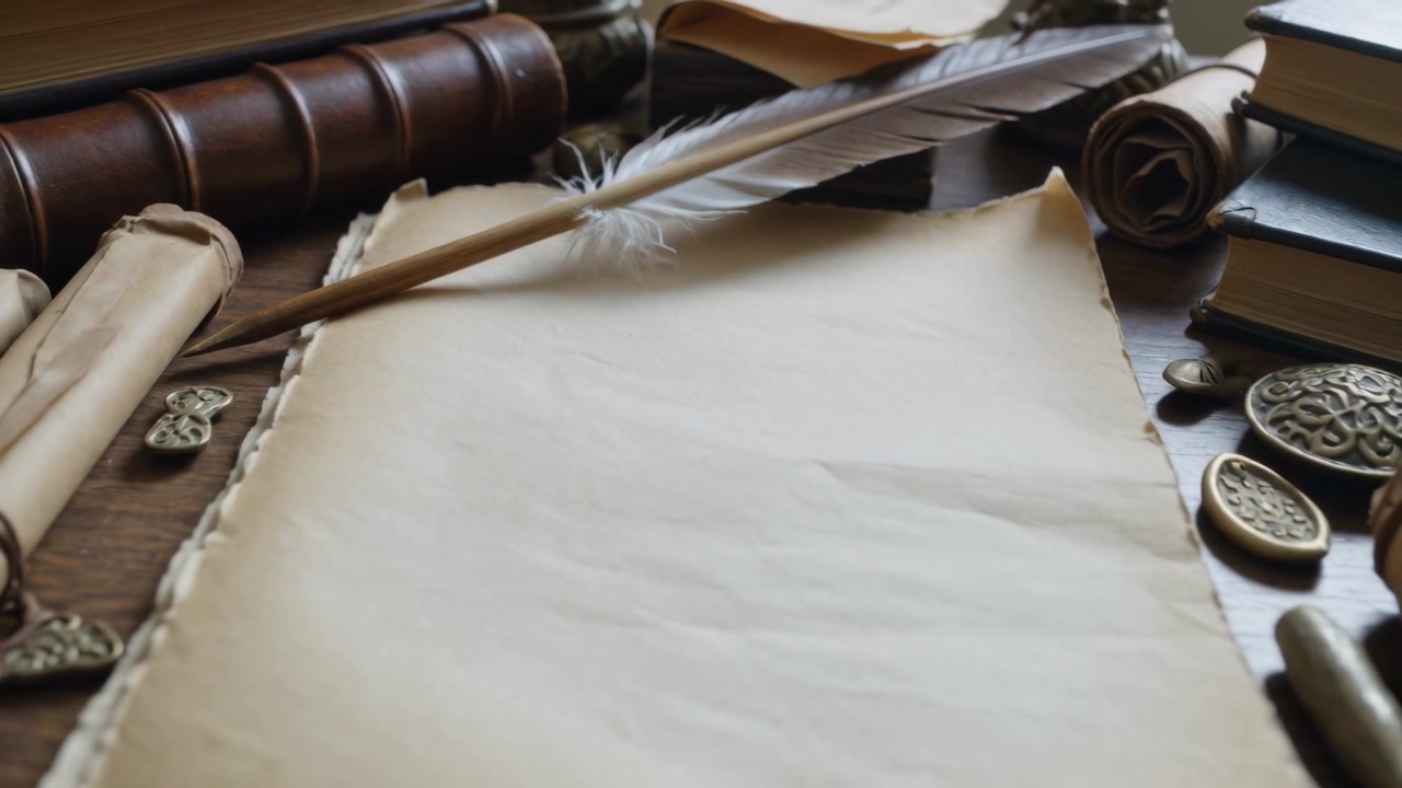 La telecamera si allontana rivelando una pergamena antica e vuota su una scrivania di legno, enfatizzando penne d'oca, pergamene e monete.