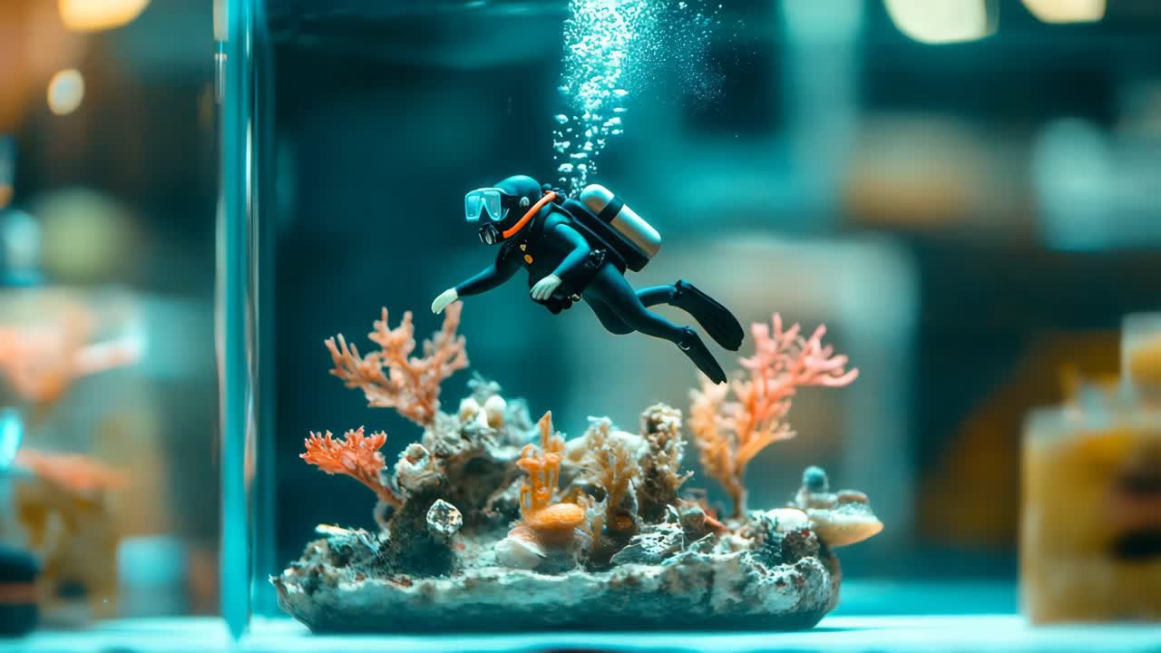 buzo en miniatura en una exhibición de acuario