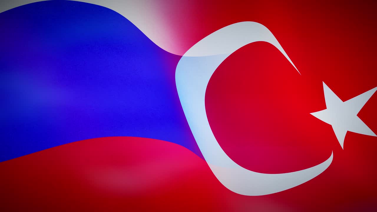 Vlajky Ruska a Turecka ukazující konflikt v Sýrii a spojenectví.