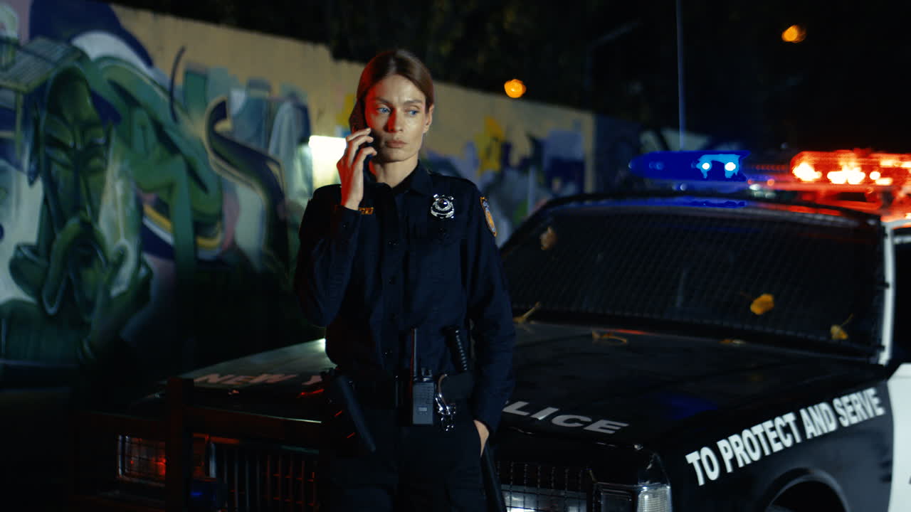 женщина-полицейский стоит ночью на улице у полицейской машины и разговаривает по мобильному телефону