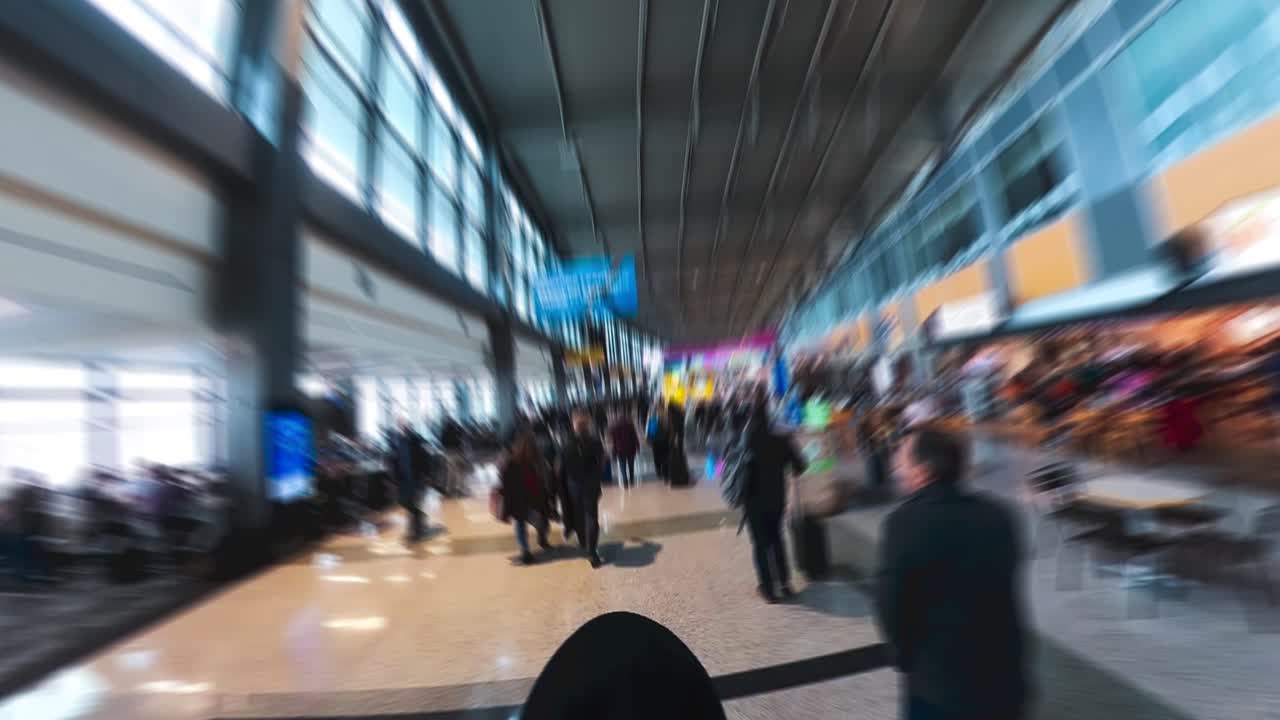 Man walking through busy airport terminal time lapse