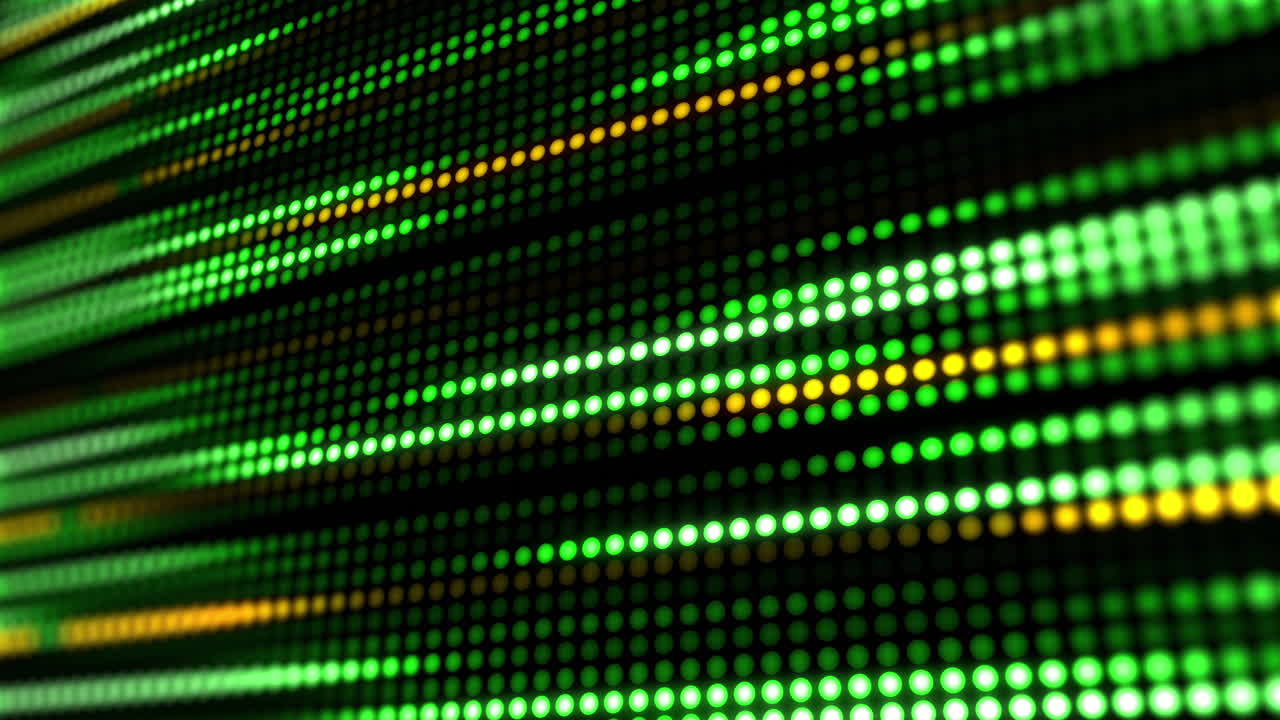 Grid of green glowing pixel dots. Effect of movement festive illumination lines. Blurred electronic display background. Looped animation graphics.