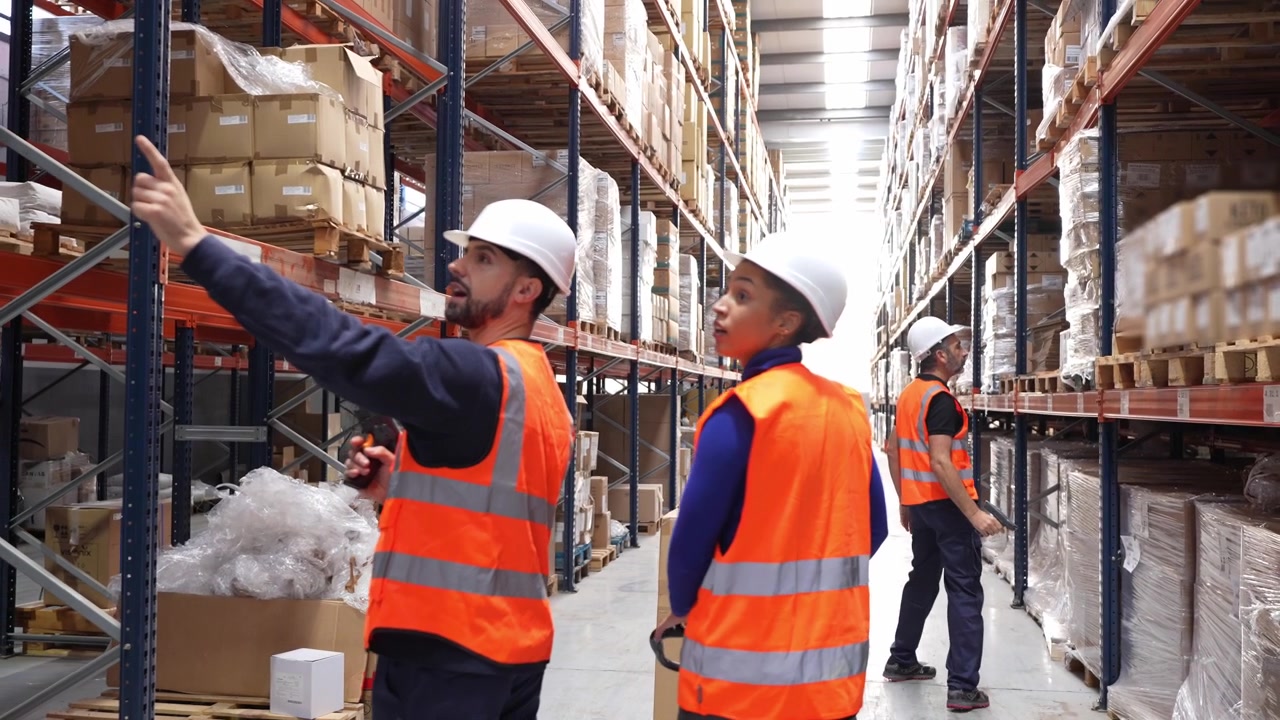 Warehouse Workers Inspecting Inventory and Managing Logistics