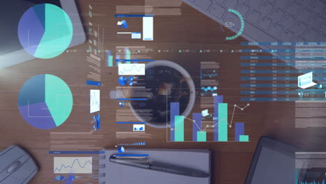 animation of data processing over sugar cube falling in coffee cup with equipment on wooden surface