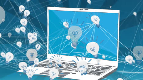 animation of network of connections with lightbulbs icons over laptop