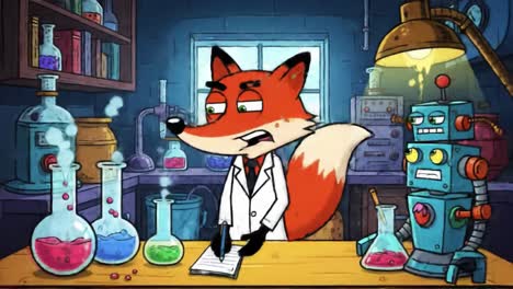 a curious fox scientist experiments in the lab: chemistry meets robotics in a whimsical animated adventure of discovery and exploration