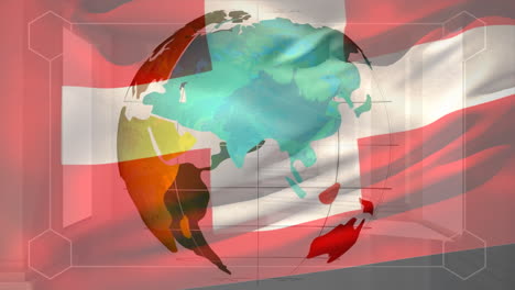 ondeando la bandera suiza contra el globo giratorio y la interfaz digital con el procesamiento de datos