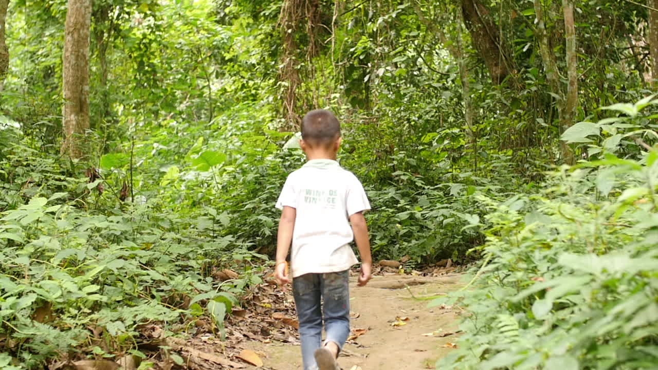 A boy walking through the jungle
