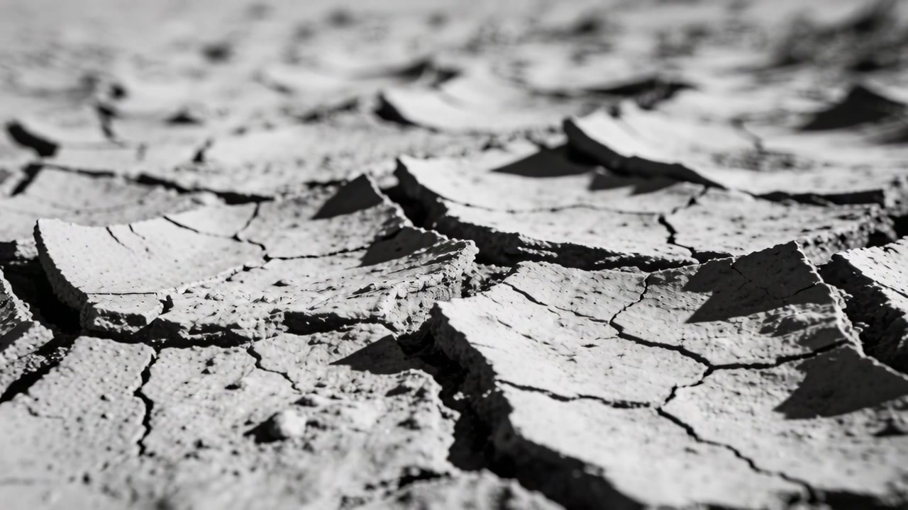 Telecamera che si sposta indietreggiando e ampliando il campo visivo su una piana desertica asciutta, mostrando placche di fango screpolato e fessure