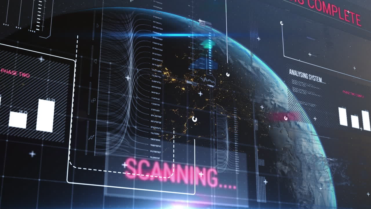 Animation of text and data processing over globe