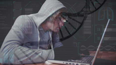 animación de procesamiento de datos y cadena de adn sobre un hacker caucásico usando una computadora portátil.