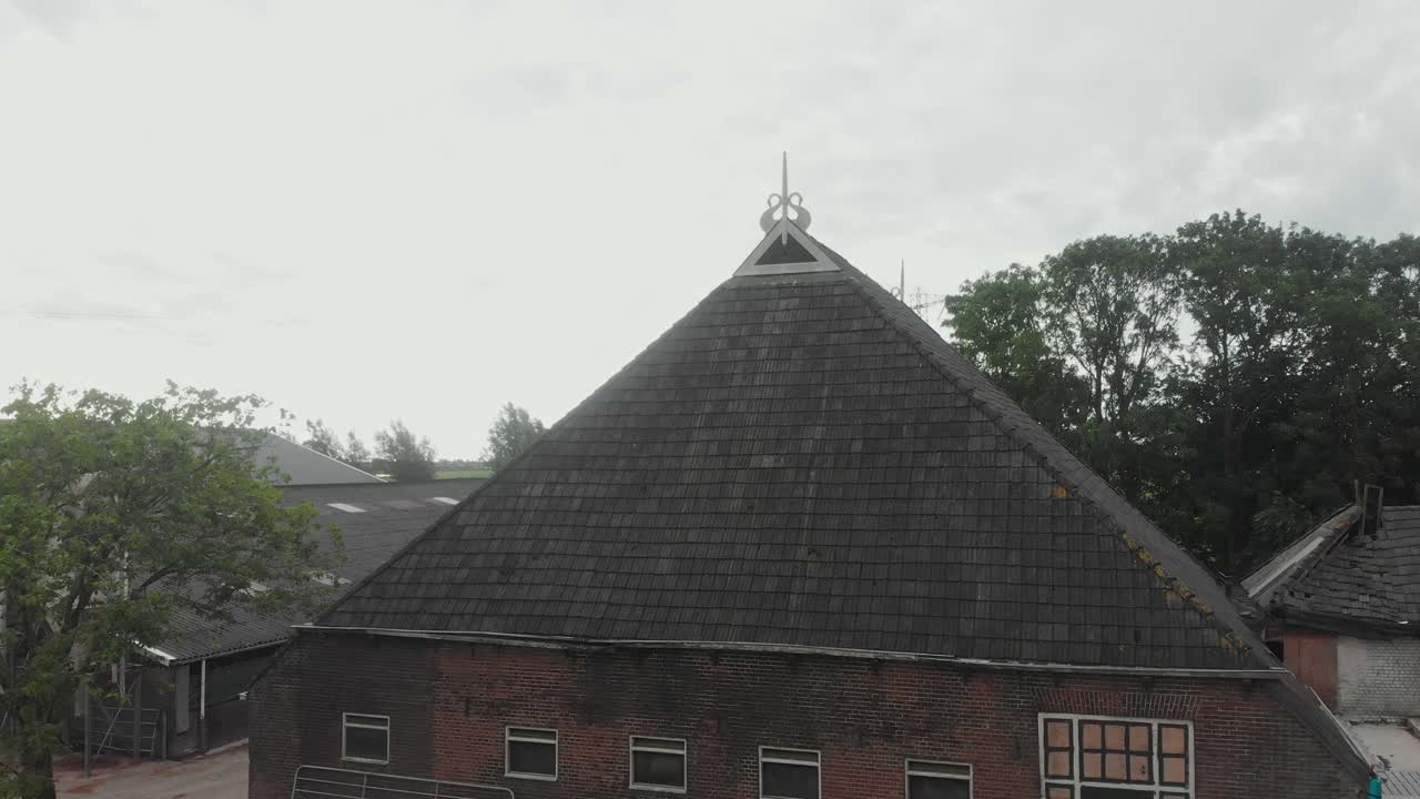 Luftfoto av kuer på grønn eng ved en tradisjonell gård i Joure, Friesland, Nederland