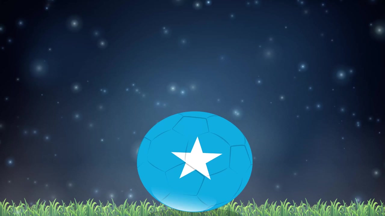 Ballon de football bleu animé avec une étoile blanche rebondit sur le gazon vert sous une nuit étoilée