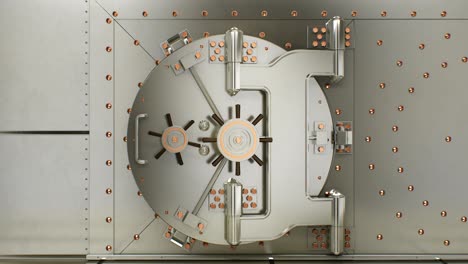 hermosa puerta redonda de bóveda que se abre lentamente y la cámara vuela hacia adentro. animación 3d de la puerta de la caja fuerte con máscara alfa. sistema de seguridad de negocio y concepto de tecnología.