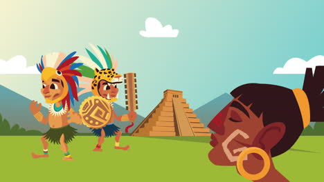 culture aztec pyramid and natives group scene animation