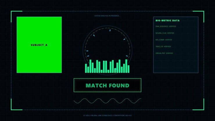 Interfaccia futuristica di analisi dei dati biometrici con notifica di corrispondenza trovata
