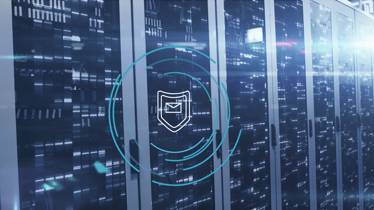 모자이크 사각형 위에 메시지 및 보안 방패 아이콘의 애니메이션 및 서버 에 대한 조명 스