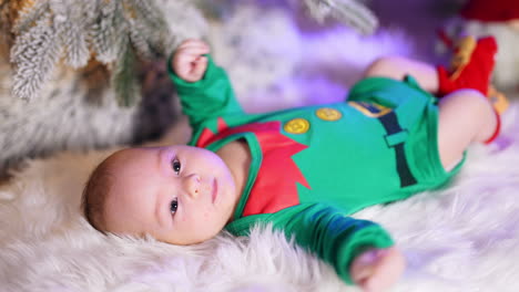 active healthy baby in green elf costume lies on white fluffy plaid. little kid waves his tiny arms and legs. christmas tree at backdrop in blur.