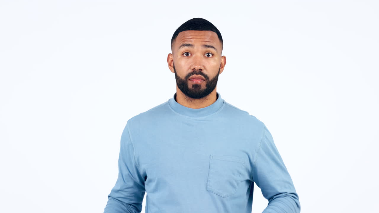 Face, hands of man and wow in studio isolated