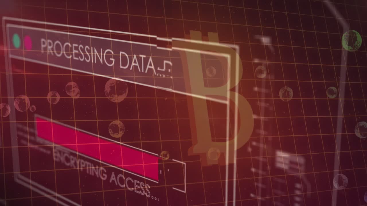 디지털 인터페이스를 통해 비트코인 기호와 빨간 바탕에 데이터 처리를
