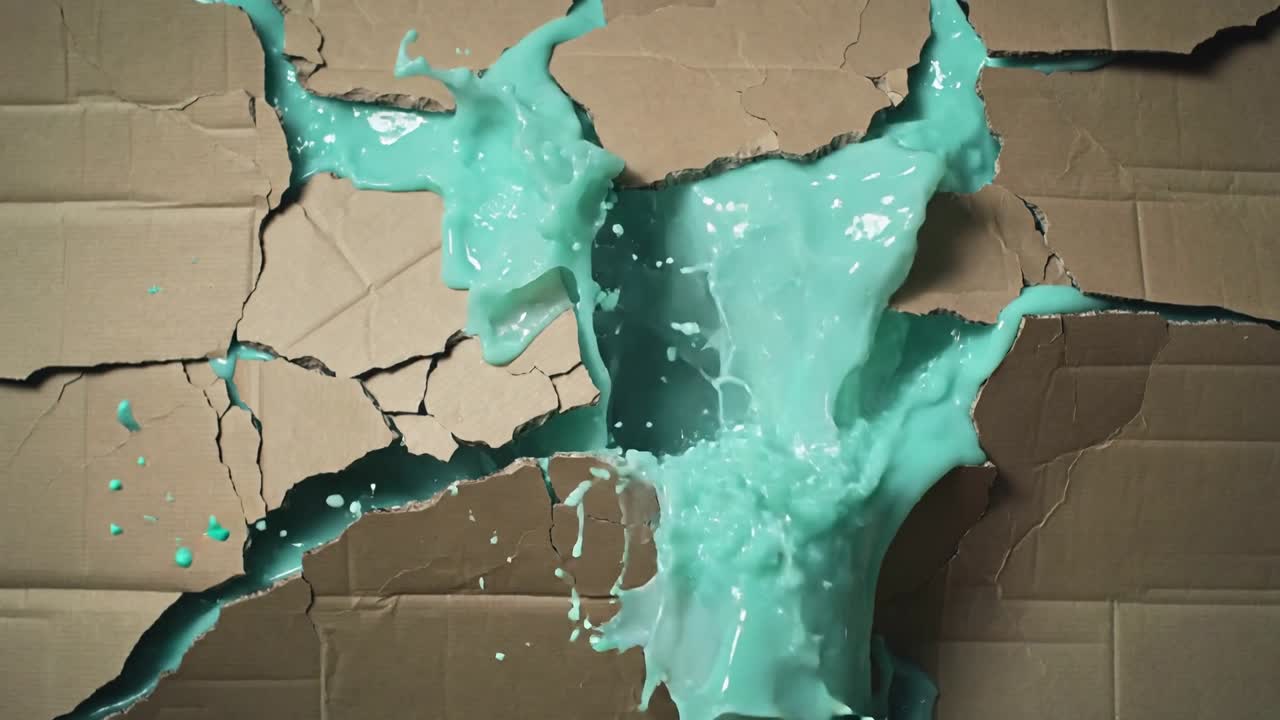 Pushing viscous turquoise liquid through corrugated board by back pressure in studio, filling hole