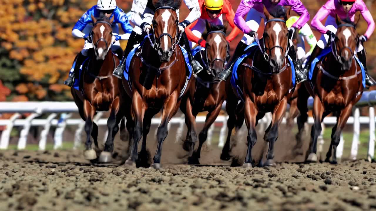 Low-angle video shot capturing the dynamic motion of horse racing, focusing on the powerful legs