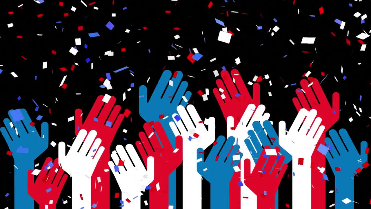 다채로운 콘페티가 여러 손에 떨어지고 있습니다.