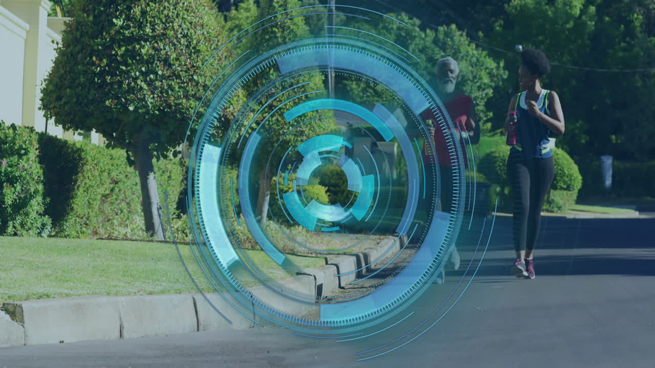 Animation of scope scanning over african american couple running, slow motion