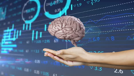 animación del procesamiento de datos financieros sobre el cerebro y las manos humanas