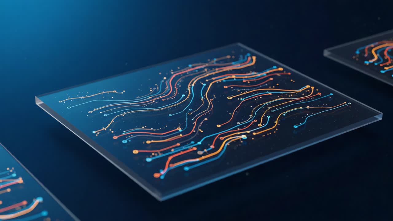 Abstract Representation of Flow Patterns in a Colorful Data Visualization on a Transparent Surface, Showcasing Dynamic Lines and Points
