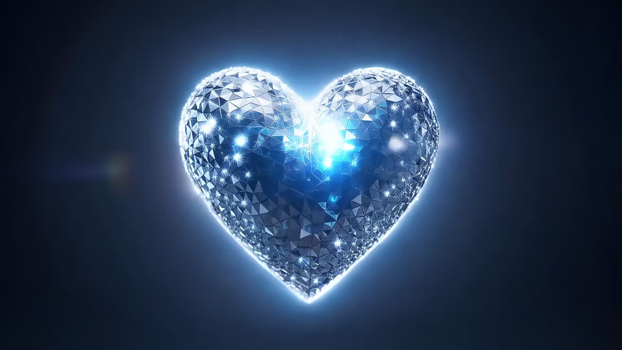 Off-frame lights shifting, bathing faceted diamond heart in dark studio and producing blue glints
