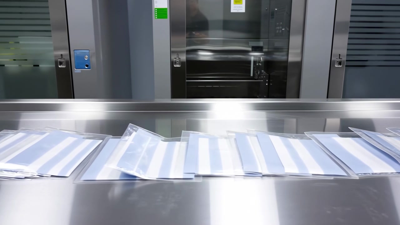 Row of individually sealed medical pouches lies side by side on reflective stainless steel worktable before closed pass-through sterilization chamber doors, with clear plastic surfaces, orderly