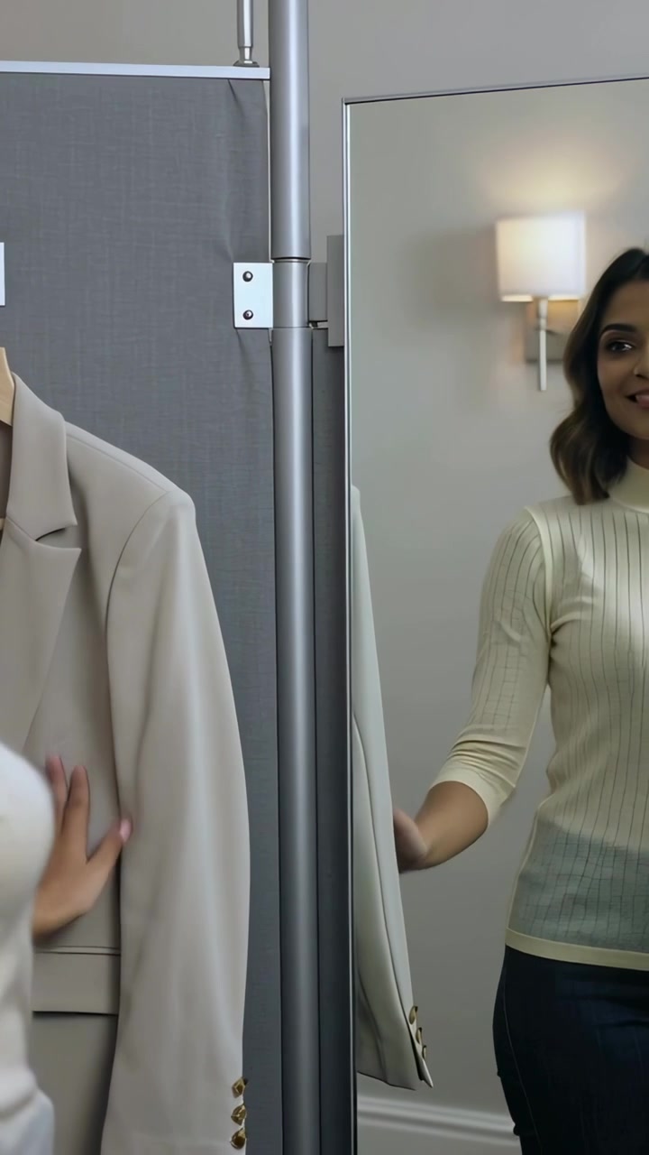Vertical video: Seeing beige blazer, woman in cream top moving to mirror in boutique checking fit