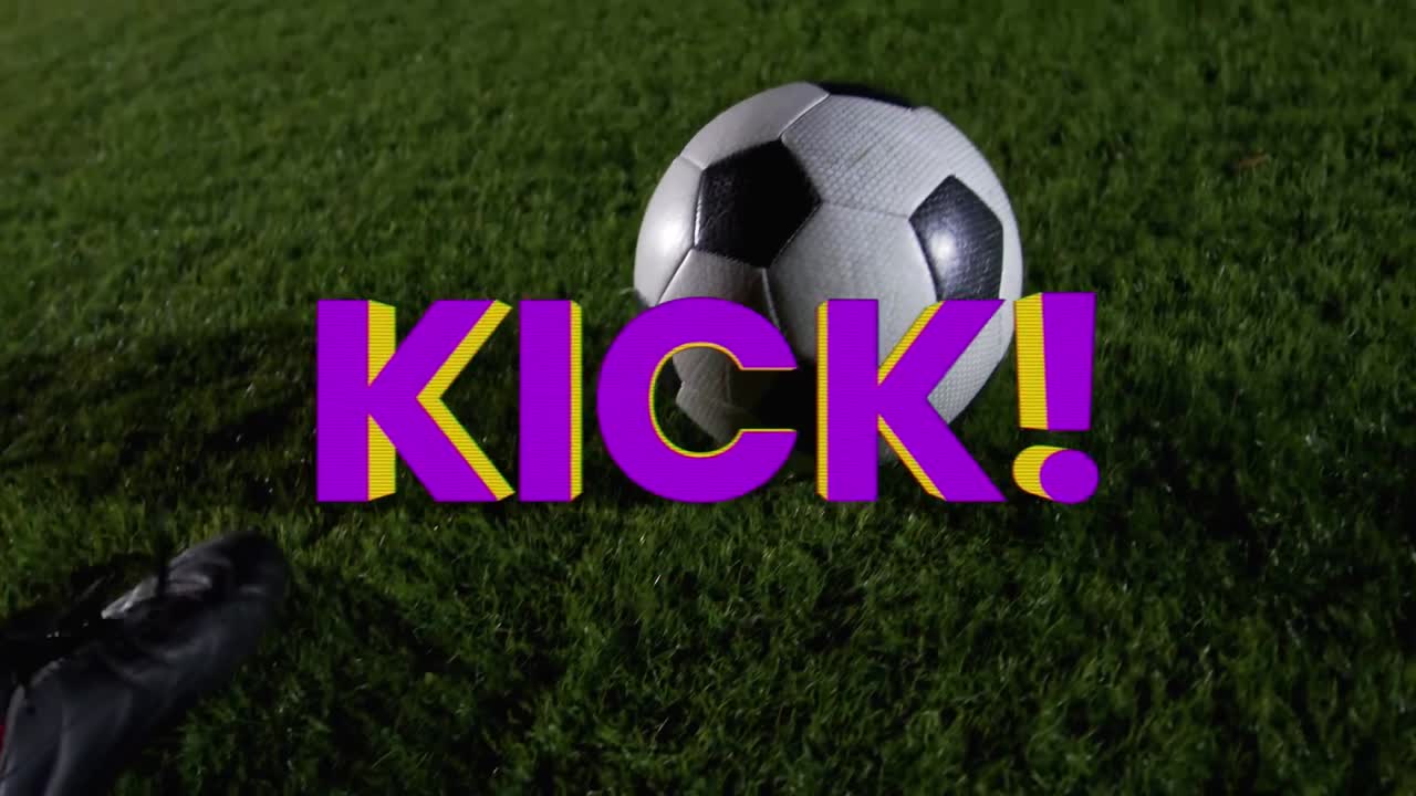 Animation of kick text over soccer ball and grass