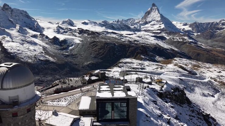 Aerial view of Gornergrat in Zermatt, Switzerland with a view of the famous observatory and viewpoint of the Matterhorn and Gorner glacier.