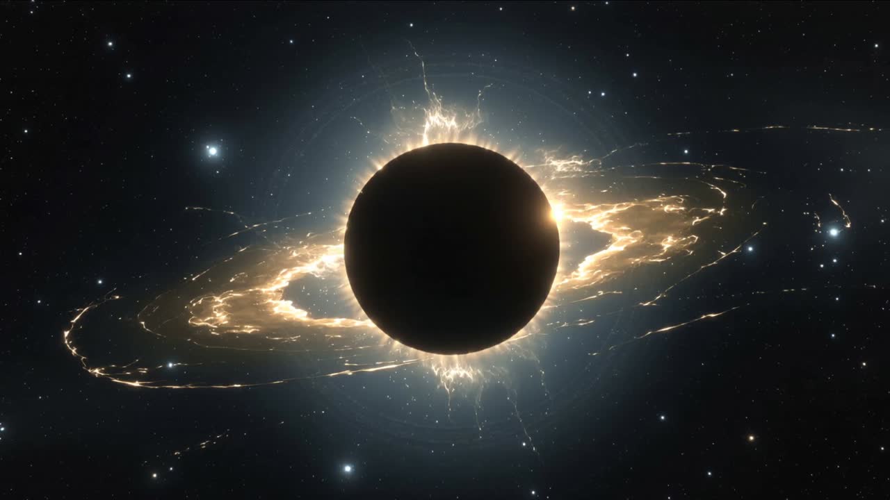 Rippling gold ring around dark disk in deep space, with hotspot brightening and filament flaring