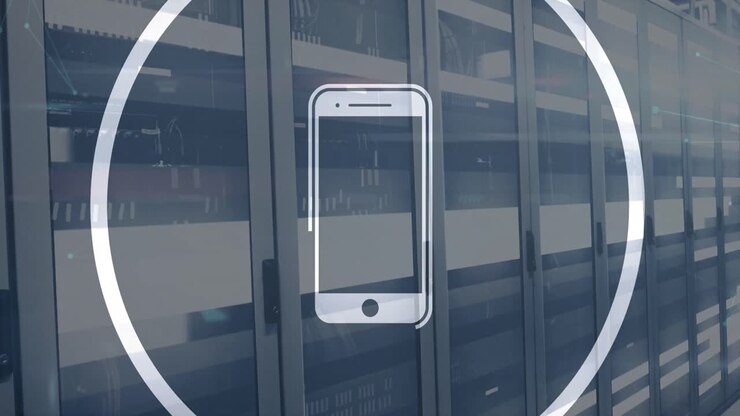 Animation of smartphone icon and shapes over server room
