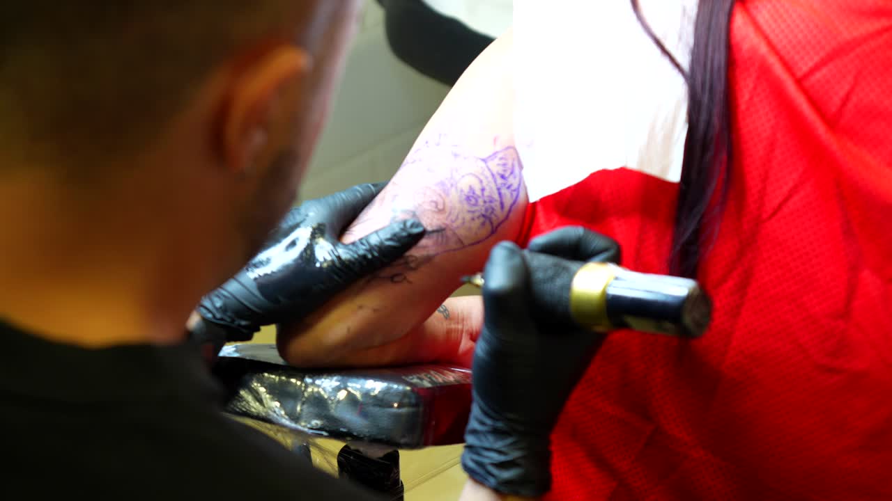 Tattoo artist checking the tattoo of a dog, applies vaseline and continues drawing with black ink