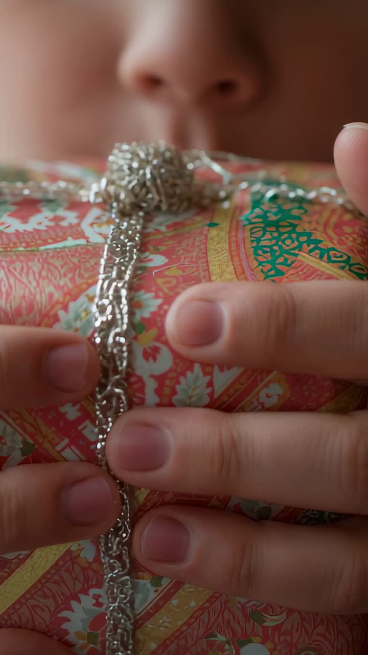 Video verticale: Notando un nodo, bambino che sistema una catenina d'argento a casa, ispezionando un pacco regalo.