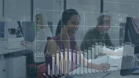 animación del procesamiento de datos financieros sobre diversas personas de negocios en la oficina