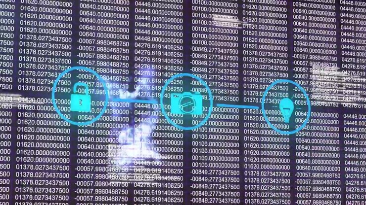 Animation of network with digital icons and data processing